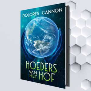 Dark-blue green book with a holographic image of the earth in the hands of a glowing blue being as a book cover with Dutch texts