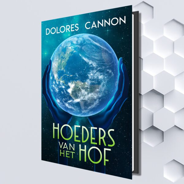 Dark-blue green book with a holographic image of the earth in the hands of a glowing blue being as a book cover with Dutch texts